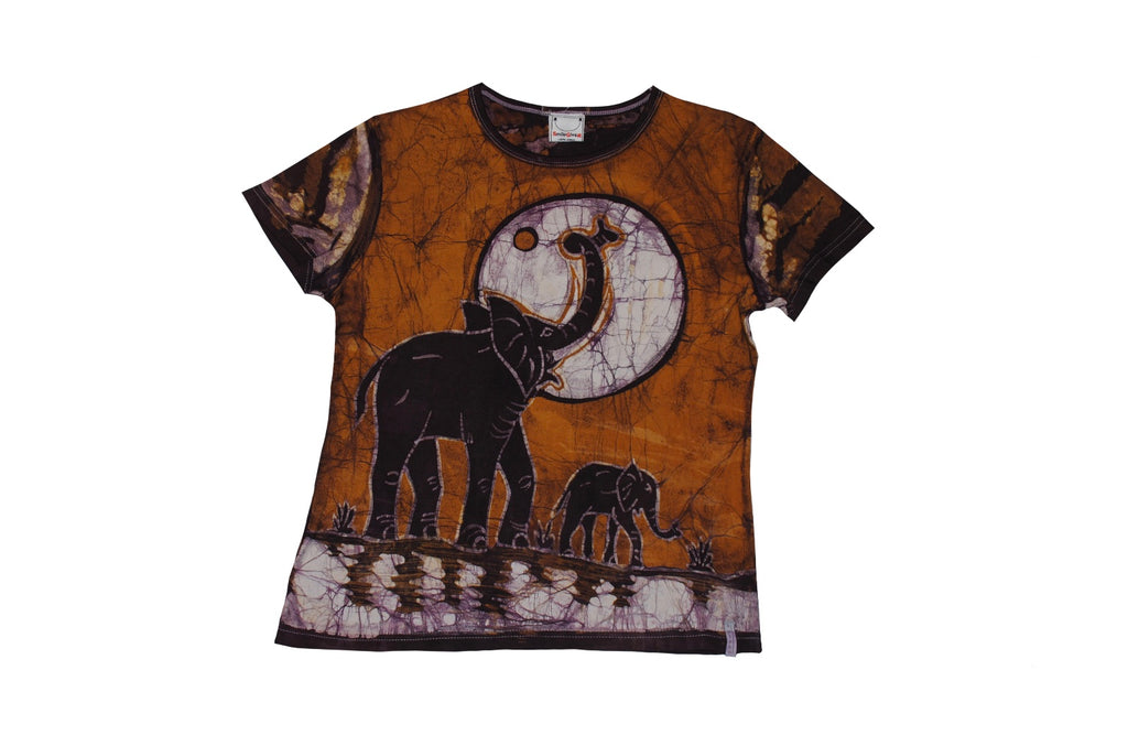 SmileGiver Batik kids Orange Elephant Moon T-shirt batik, front view.