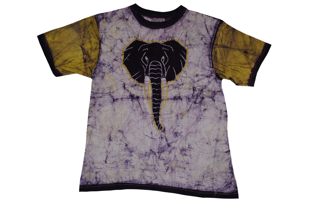 SmileGiver Batik youth Yellow Elephant T-shirt batik, front view.