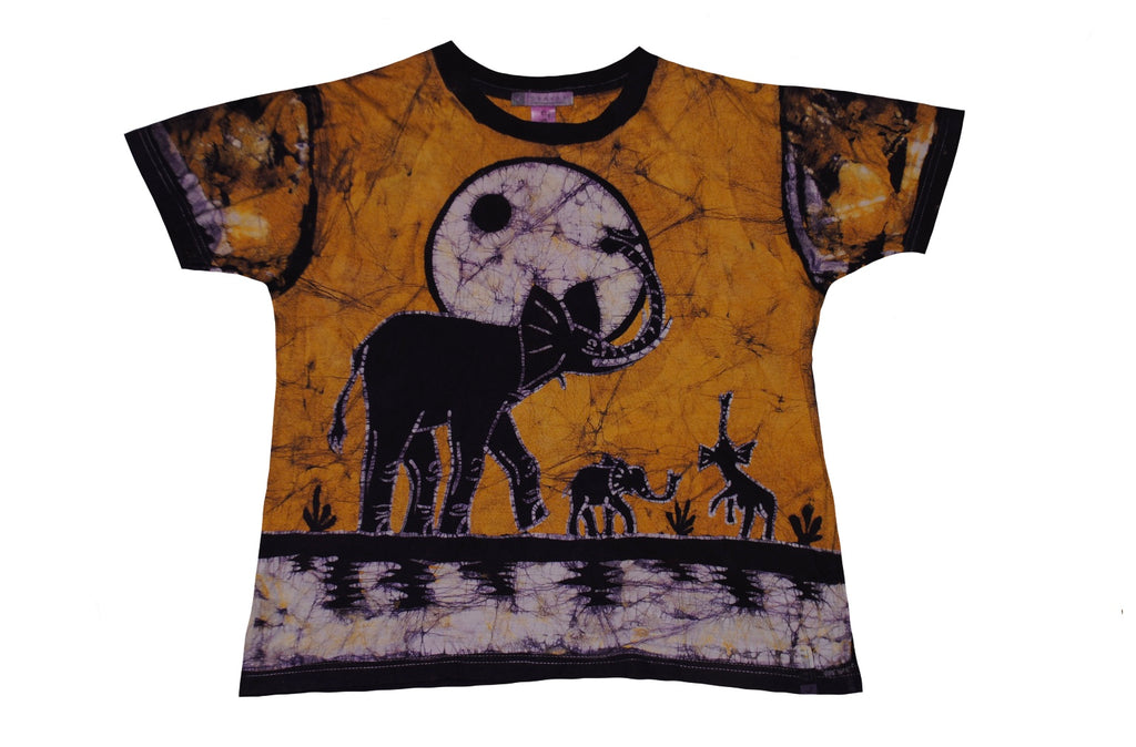 SmileGiver Batik youth Orange Elephant Moon T-shirt batik, front view.