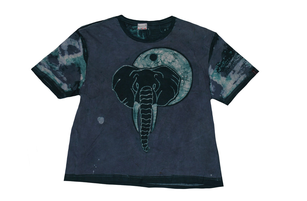 SmileGiver Batik youth Teal Elephant Moon T-shirt batik, front view.