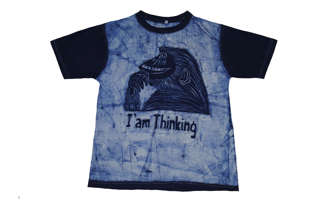 SmileGiver Batik youth Blue Monkey (I am thinking) T-shirt batik, front view.