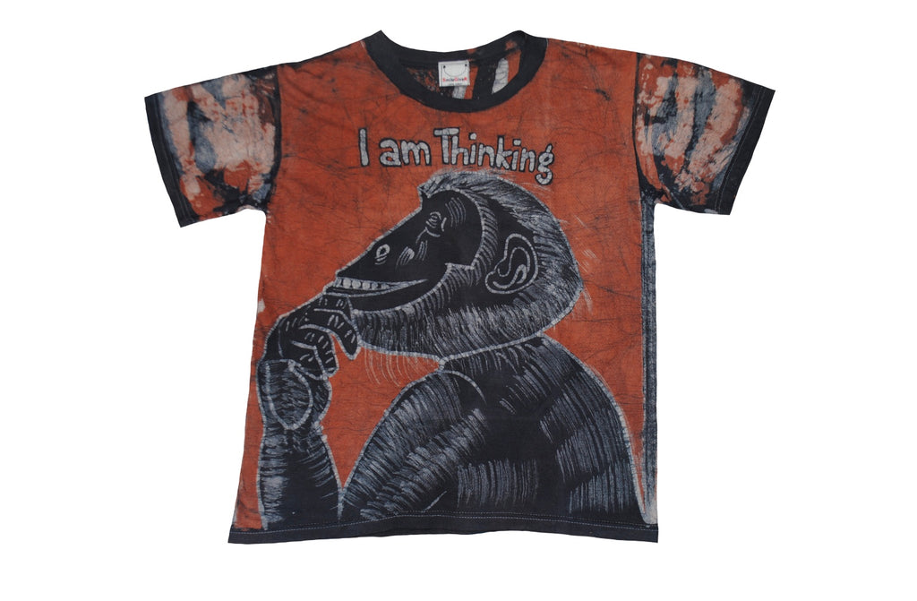 SmileGiver Batik kids Red Monkey (I am thinking) T-shirt batik, front view.