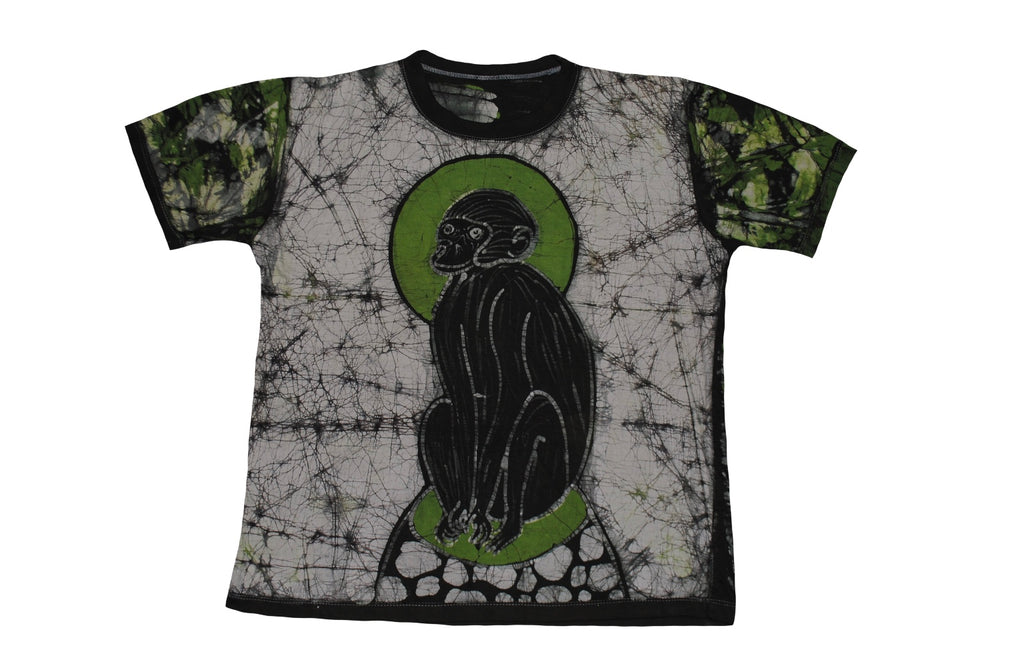 SmileGiver Batik adult Green Monkey Moon (Sit) T-shirt batik, front view.