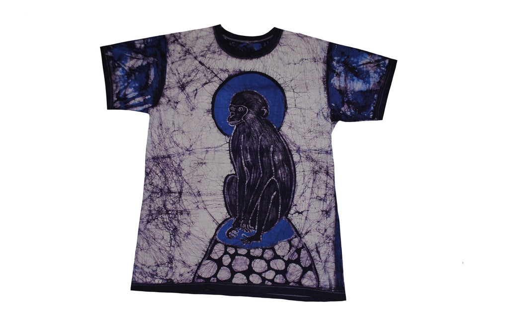 SmileGiver Batik adult Blue Monkey Moon (Sit) T-shirt batik, front view.
