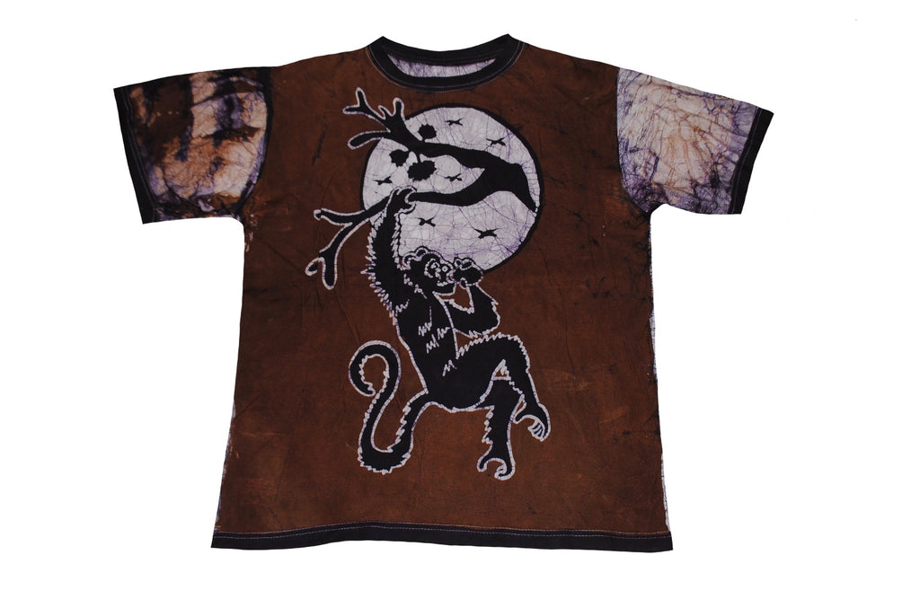 SmileGiver Batik youth Brown Monkey Branch Moon T-shirt batik, front view.