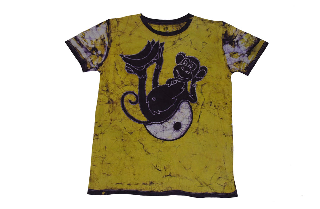 SmileGiver Batik adult Yellow Banana Moon Monkey T-shirt batik, front view.