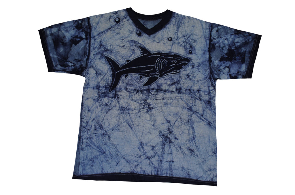 SmileGiver Batik kids Blue Shark Vneck T-shirt batik, front view.