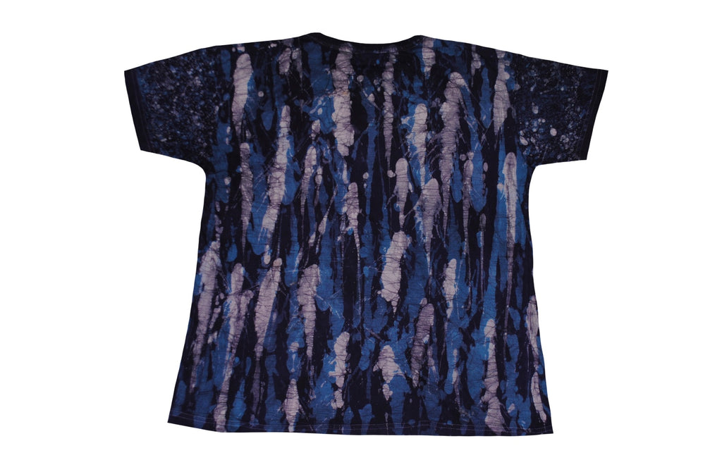 SmileGiver Batik adult Blue Purple Camo Pattern T-shirt batik, back view.