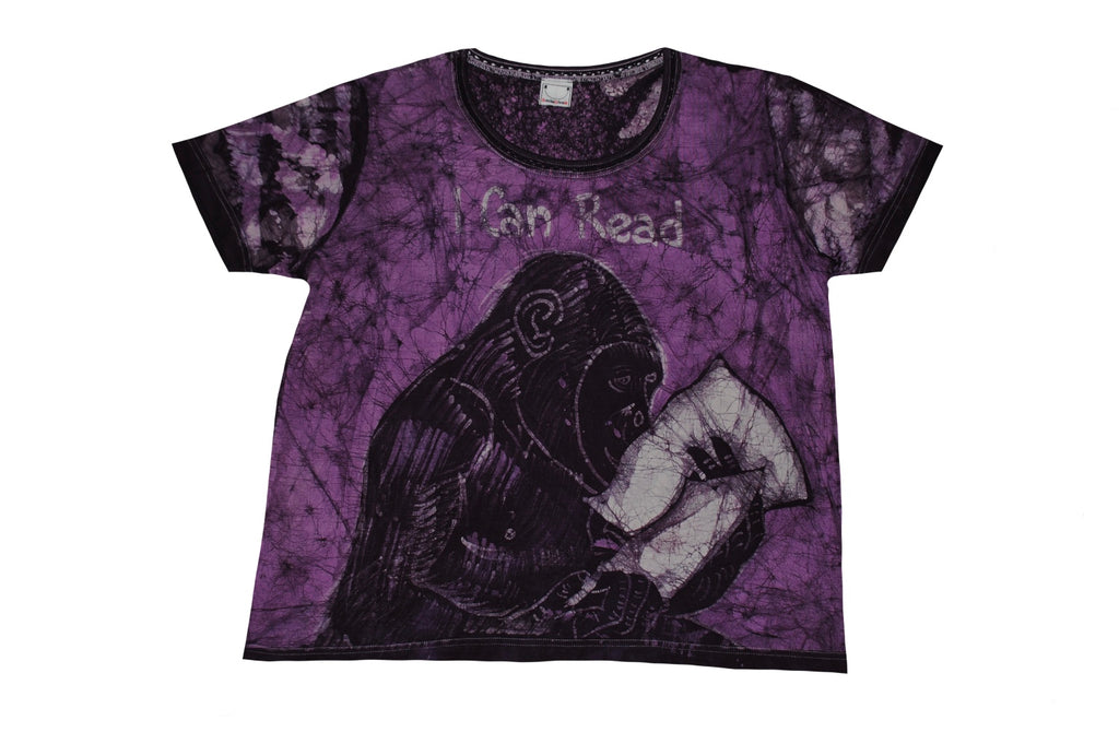 SmileGiver Batik adult Purple Gorilla Book T-shirt batik, front view.