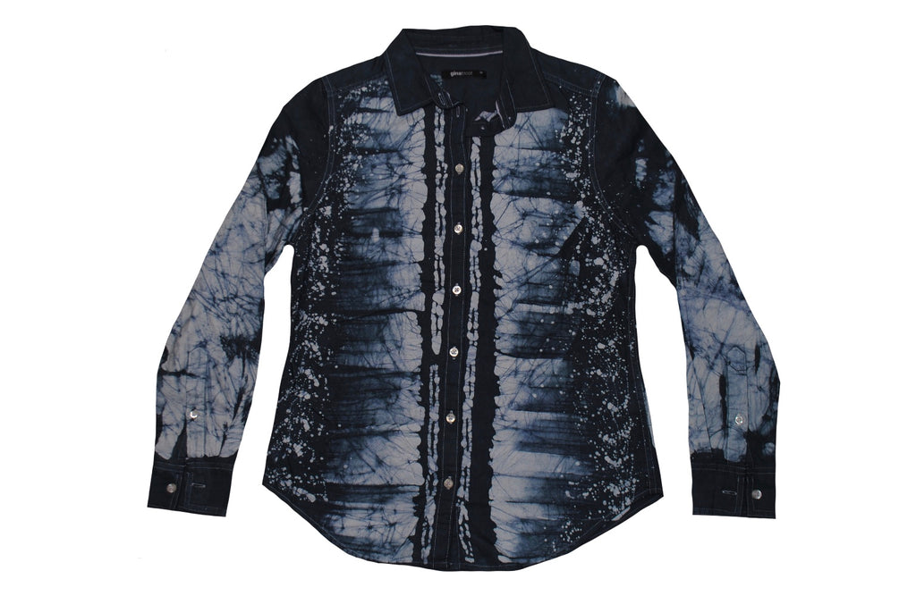 SmileGiver Batik youth Blue White With Button Up Long Sleeve batik, front view.