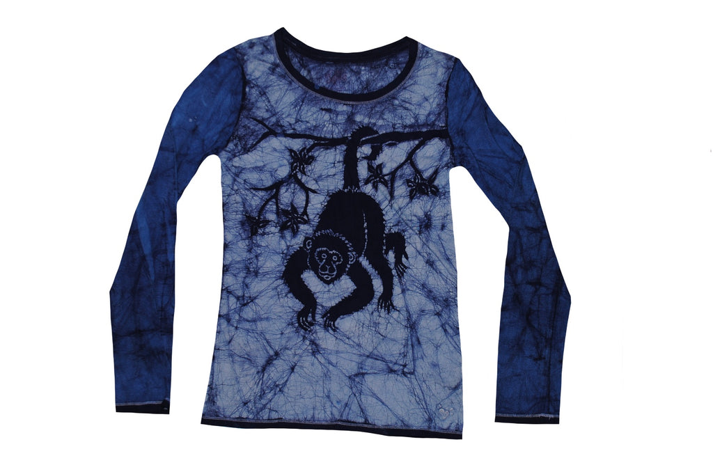 SmileGiver Batik youth Blue Monkey Branch Long Sleeve batik, front view.