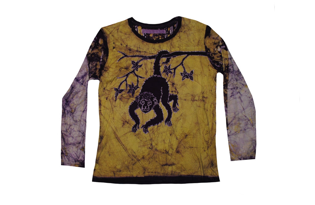 SmileGiver Batik youth Yellow Monkey Long Sleeve batik, front view.