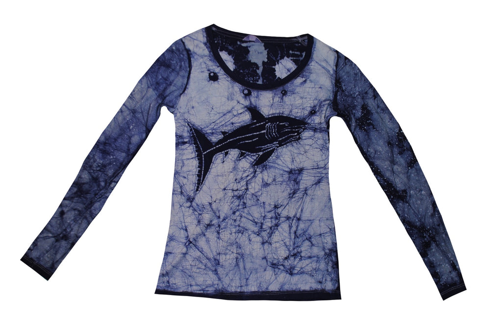 SmileGiver Batik adult Blue Shark U Kneck Long Sleeve batik, front view.