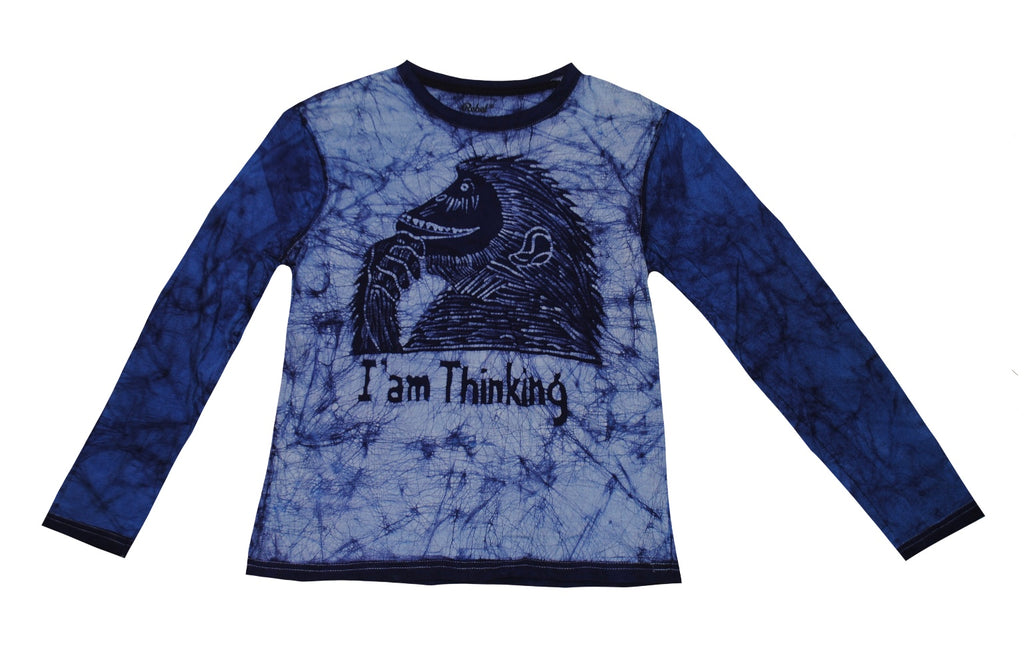 SmileGiver Batik kids Blue Gorilla Thinking Long Sleeve batik, front view.