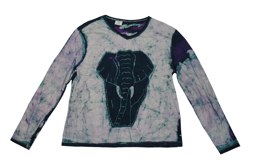 SmileGiver Batik youth Blue Teal Elephant Long Sleeve batik, front view.